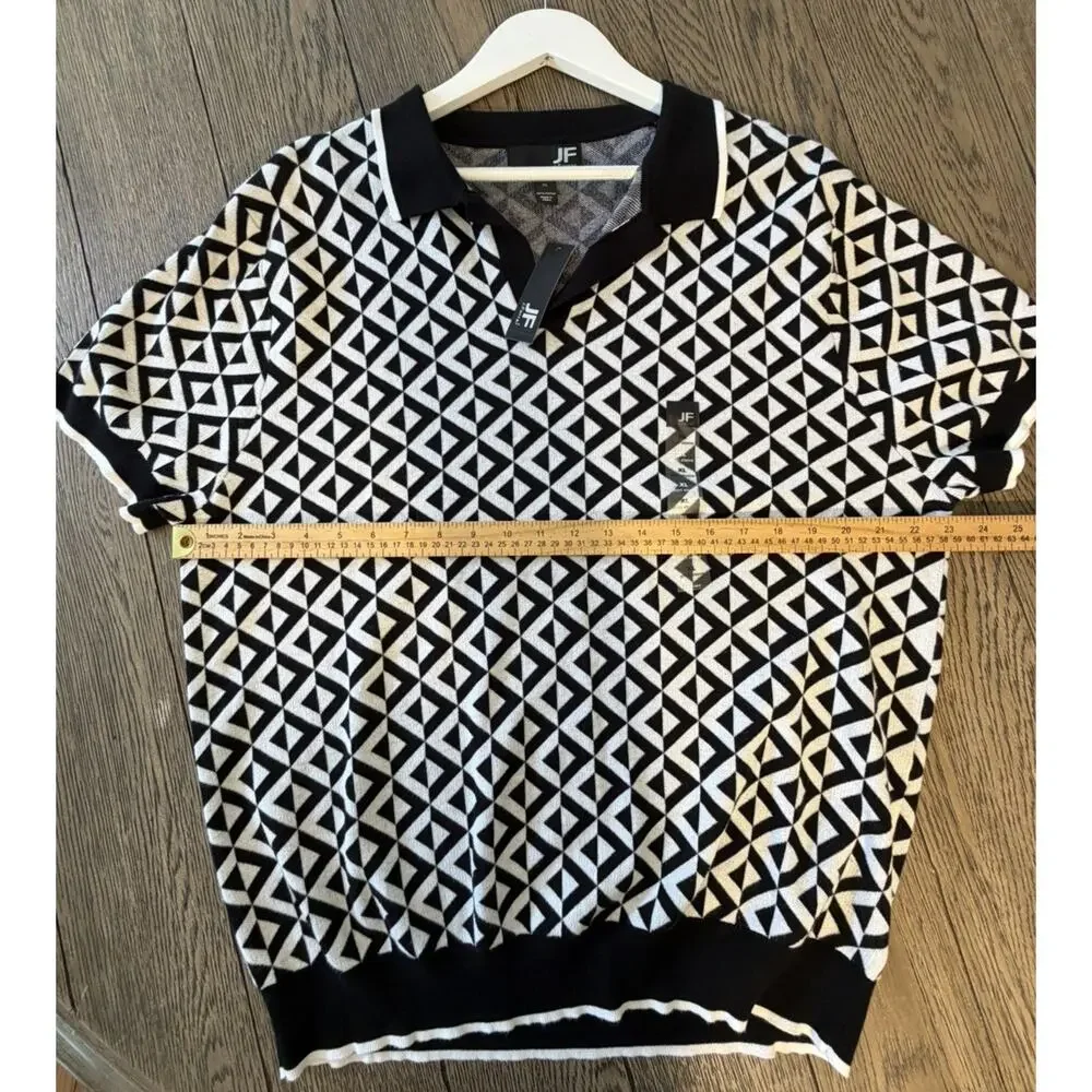 NWT JF J.Ferrar Mens XL Short Sleeve Collar Polo Golf Shirt Black & White - Picture 2 of 4